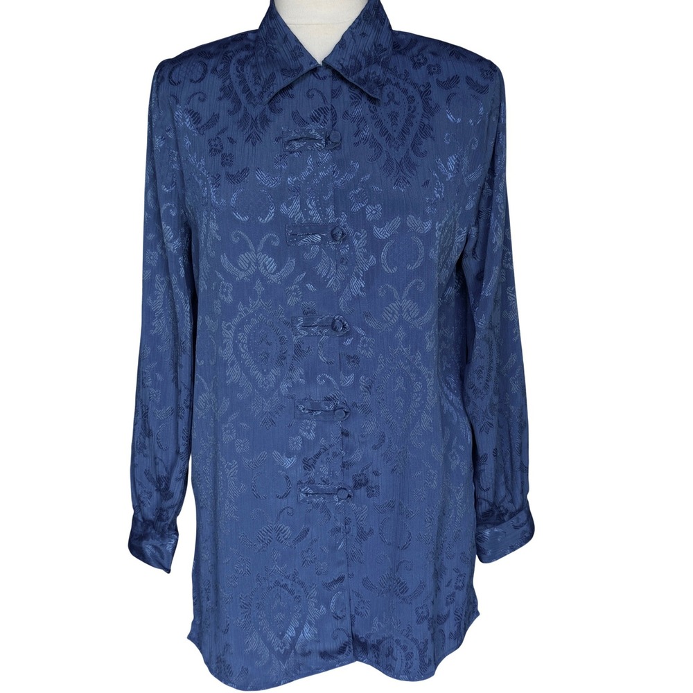 Christie & Jill Tunic Blouse Button Frogs Blue Damask Jacquard‎ Small Asian Vtg